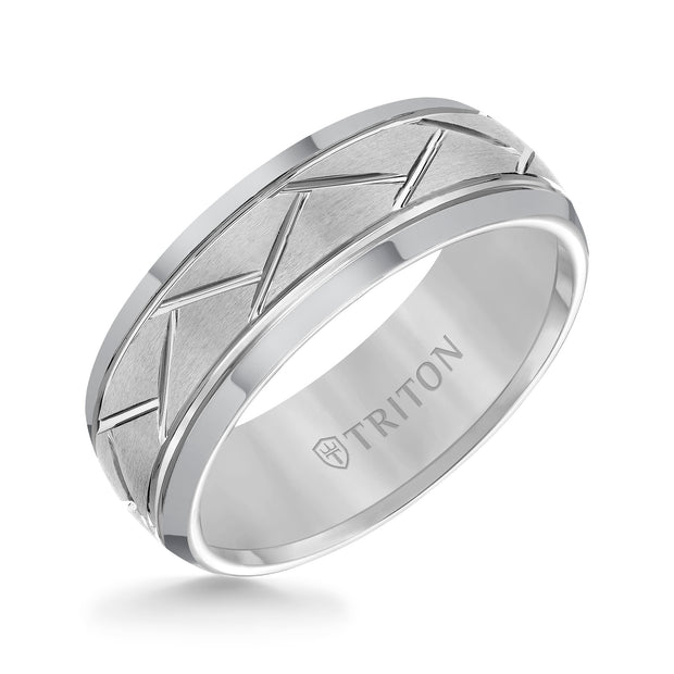 8mm Black Tungsten Carbide Domed Comfort Fit Band with alternating diagonal cuts and horizontal brush finish.