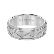 8mm Black Tungsten Carbide Domed Comfort Fit Band with alternating diagonal cuts and horizontal brush finish.