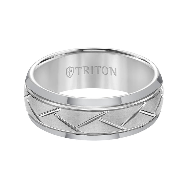 8mm Black Tungsten Carbide Domed Comfort Fit Band with alternating diagonal cuts and horizontal brush finish.