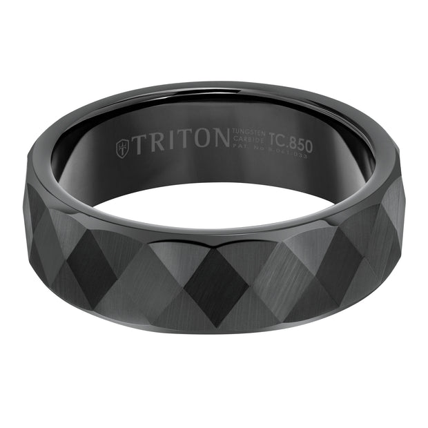 7mm Black Tungsten Band with Faceted Diamond Pattern