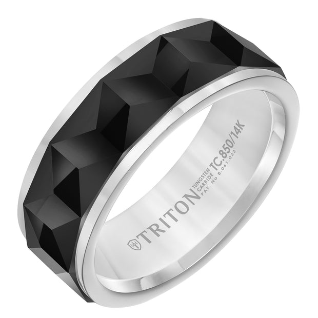 8mm White Band with Black Tungsten Faceted Chevron Pattern Inlay