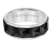 8mm White Band with Black Tungsten Faceted Chevron Pattern Inlay