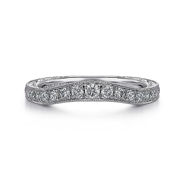 Gabriel & Co. AN10966W44JJ Vintage Inspired  Curved 14K White Gold Micro Pavé Diamond Wedding Band with Engraving