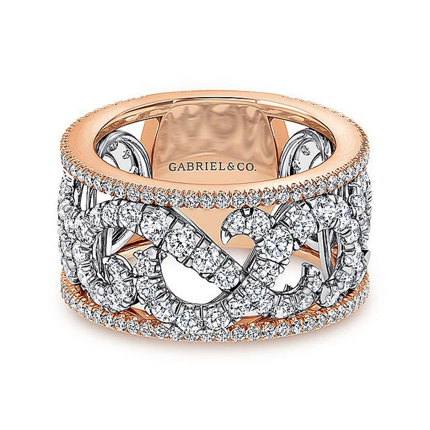 Gabriel & Co. AN12421T44JJ Wide 14K White and Rose Gold French Pavé Set Scrollwork Design Diamond Ring