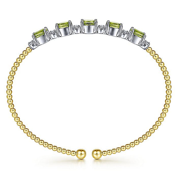 Gabriel & Co. BG4448-62M45PE 14K White-Yellow Gold Bujukan Bead Cuff Bracelet with Peridot and Diamond Stations