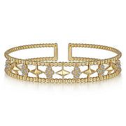 Gabriel & Co. BG4615-62Y45JJ 14K Yellow Gold Bujukan Bead Cuff Bracelet with Inner Diamond Cluster and Gold Pyramid Connectors.