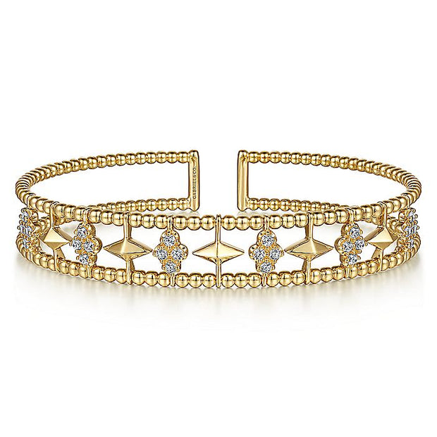 Gabriel & Co. BG4615-62Y45JJ 14K Yellow Gold Bujukan Bead Cuff Bracelet with Inner Diamond Cluster and Gold Pyramid Connectors.