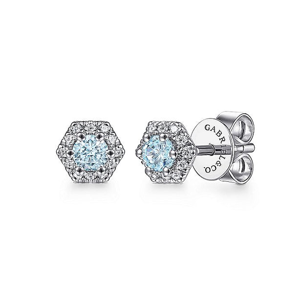 Gabriel & Co. EG13078W45AQ 14K White Gold Hexagonal Halo Aquamarine and Diamond Stud Earrings