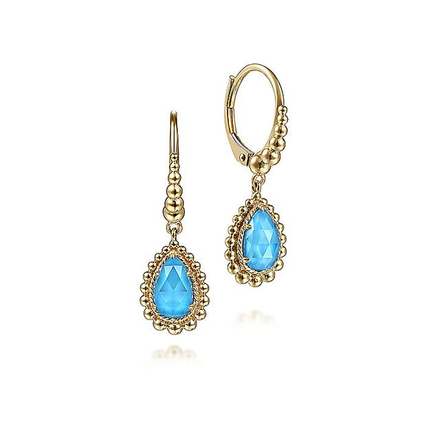 Gabriel & Co. EG13980Y4JXT 14K Yellow Gold Teardrop Blue Turquoise with Beaded Frame Drop Earrings