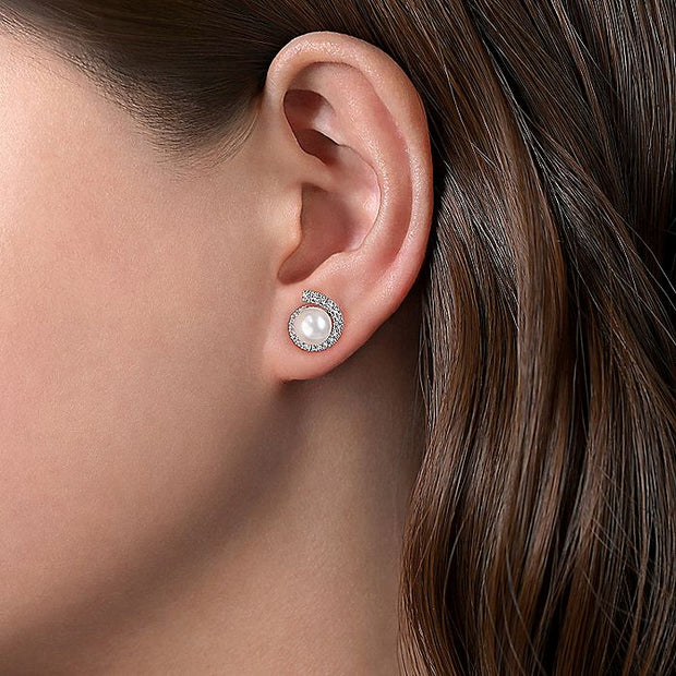 Gabriel & Co. EG14042W45PL 14K White Gold Pearl Stud Earrings with Diamond Halo