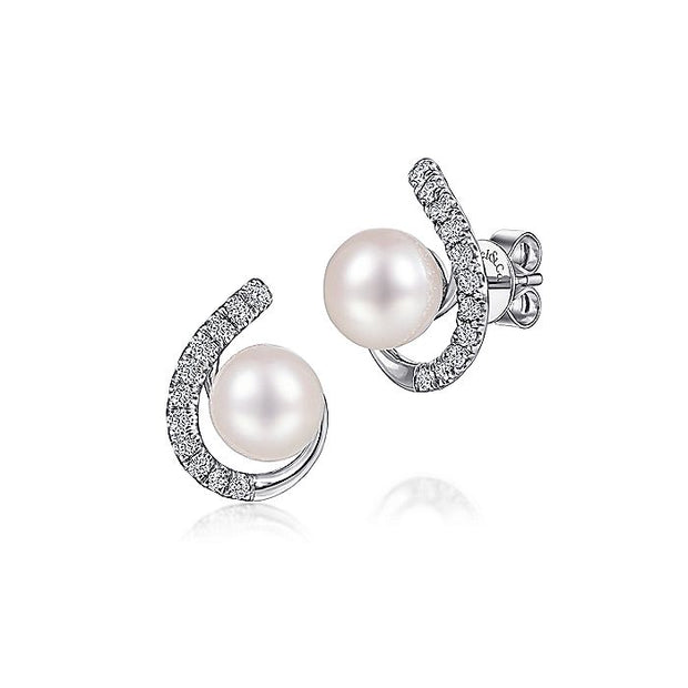 Gabriel & Co. EG14046W45PL 14K White Gold Pearl and Diamond J Stud Earrings