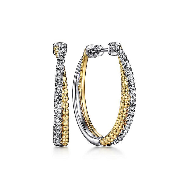 Gabriel & Co. EG14527M45JJ 14K White-Yellow Gold Diamond Bujukan Cris Cross Classic Hoop Earrings in size 33.5mm