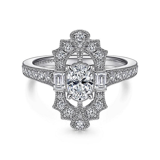 Gabriel & Co. ER14979O2W44JJ Art Deco 14K White Gold Oval Halo Diamond Engagement Ring