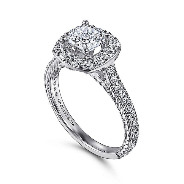 Gabriel & Co. ER7500W44JJ Vintage Inspired 14K White Gold Cushion Halo Diamond Engagement Ring