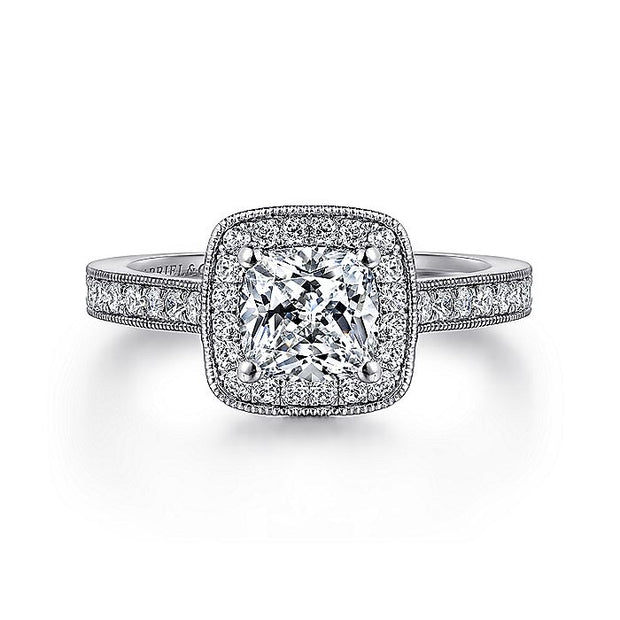 Gabriel & Co. ER7527W44JJ Vintage Inspired 14K White Gold Cushion Halo Diamond Engagement Ring