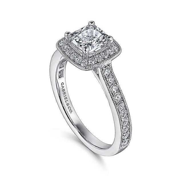 Gabriel & Co. ER7527W44JJ Vintage Inspired 14K White Gold Cushion Halo Diamond Engagement Ring