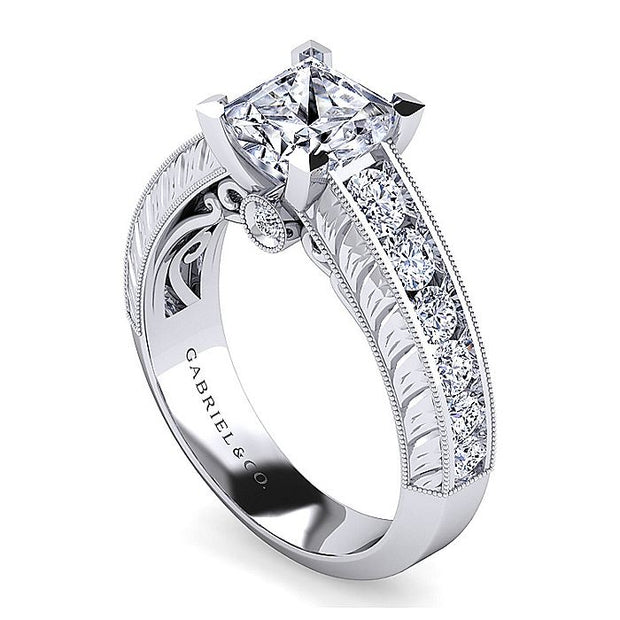 Gabriel & Co. ER8747S8W44JJ Vintage Inspired 14K White Gold Wide Band Princess Cut Diamond Engagement Ring