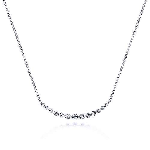 14 Karat White Gold Graduated Round Diamond Curved Bar Necklace