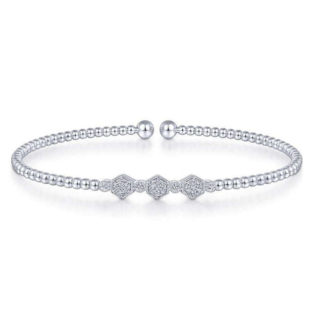14K White Gold Bujukan Bead Cuff Bracelet with Cluster Diamond Hexagon Stations