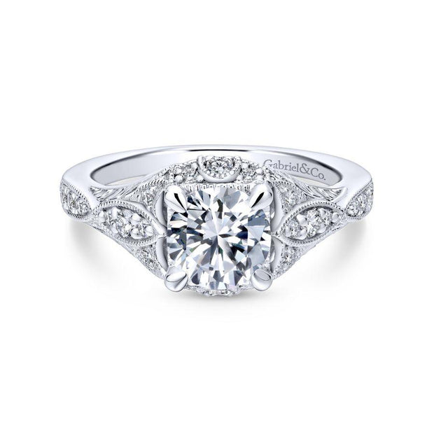 Unique 14K White Gold Vintage Inspired Diamond Halo Engagement Ring