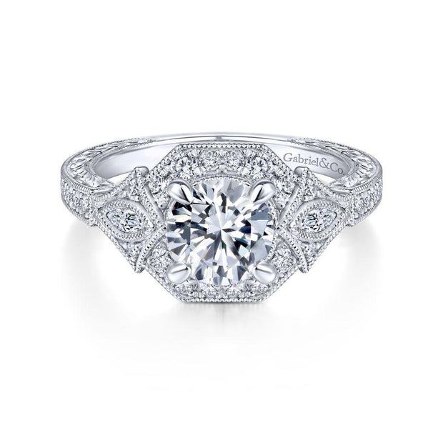 Art Deco 14K White Gold Round Halo Diamond Engagement Ring