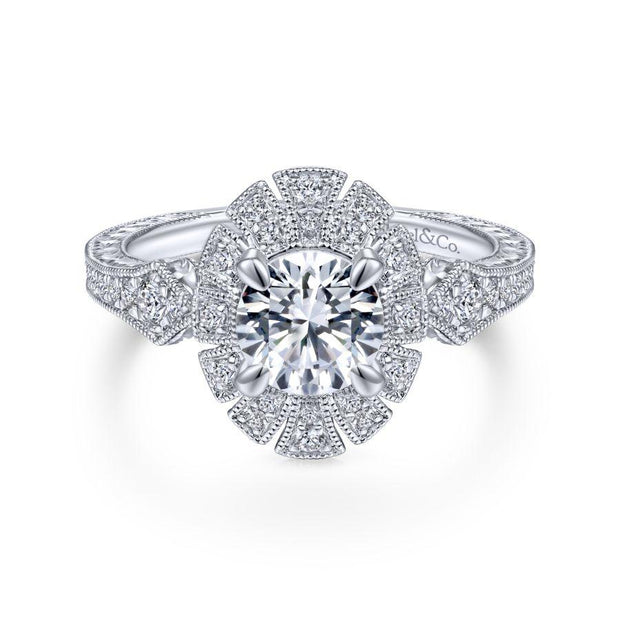 Unique 14K White Gold Art Deco Halo Diamond Engagement Ring