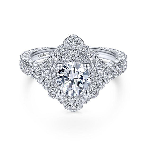 Art Deco 14K White Gold Round Double Halo Diamond Engagement Ring