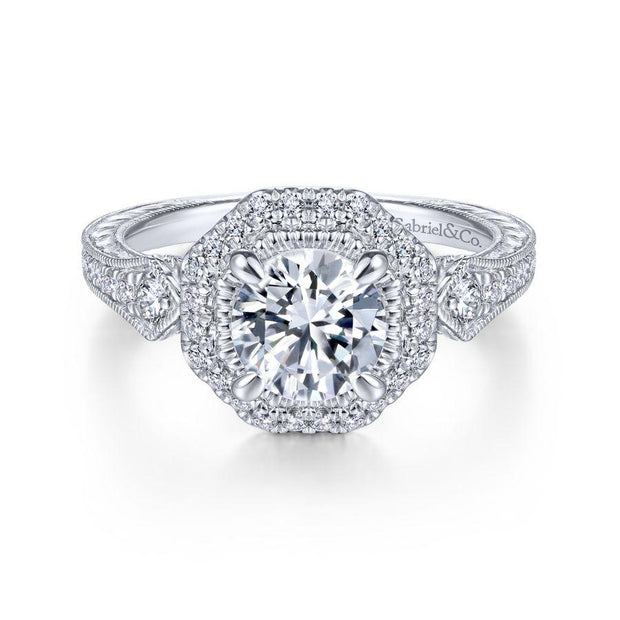 Art Deco 14K White Gold Octagonal Halo Diamond Engagement Ring