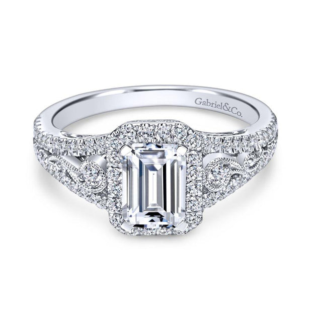 Vintage Inspired 18K White Gold Emerald Halo Diamond Engagement Ring