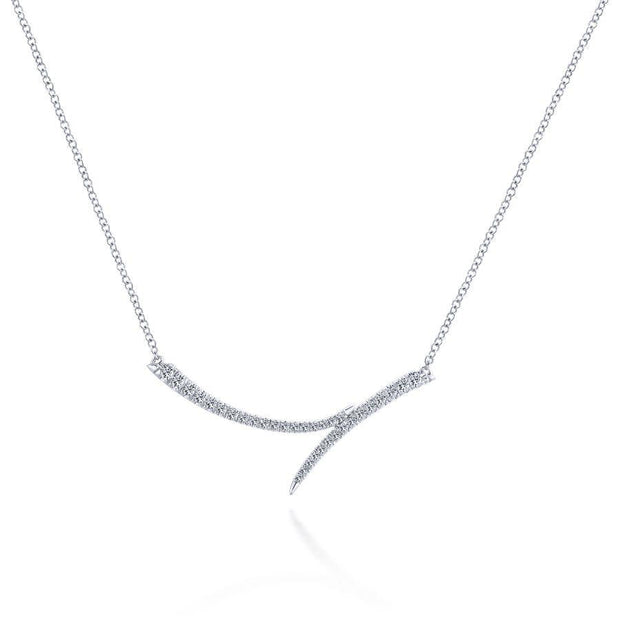 14K White Gold Curved Bypass Bar Necklace with Diamonds