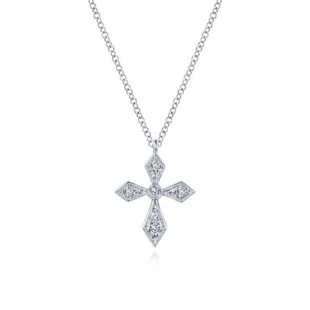 Vintage Inspired 14K White Gold Pointed Diamond Cross Pendant Necklace