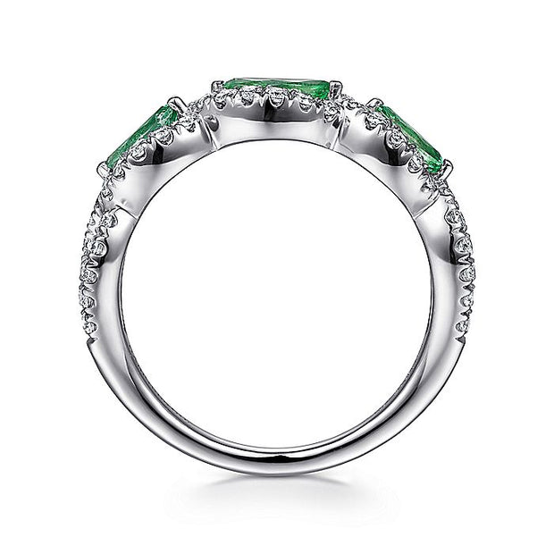 Gabriel & Co. LR50257W45EA 14K White Gold Twisted Diamond Rows and Emerald Marquise Stones Ring