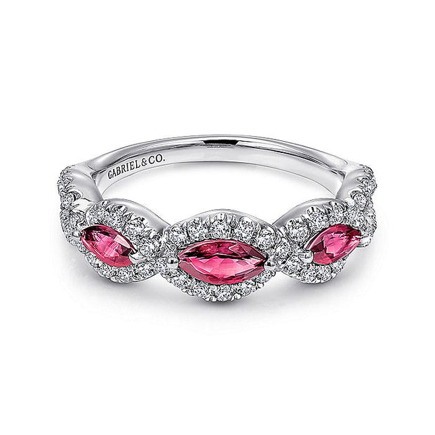 Gabriel & Co. LR50257W45RA 14K White Gold Twisted Diamond Rows and Ruby Marquise Stones Ring