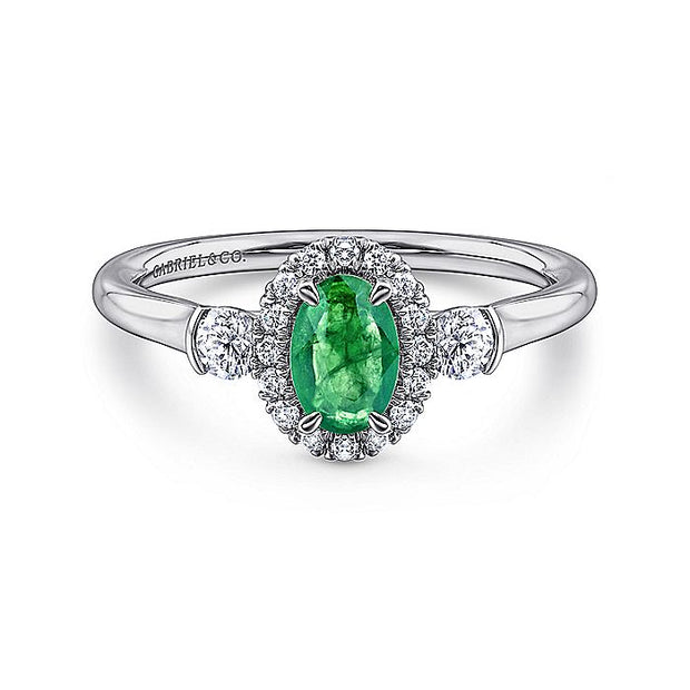 Gabriel & Co. LR51070W44EA 14K White Gold Oval Emerald and Diamond Halo Three Stone Ring