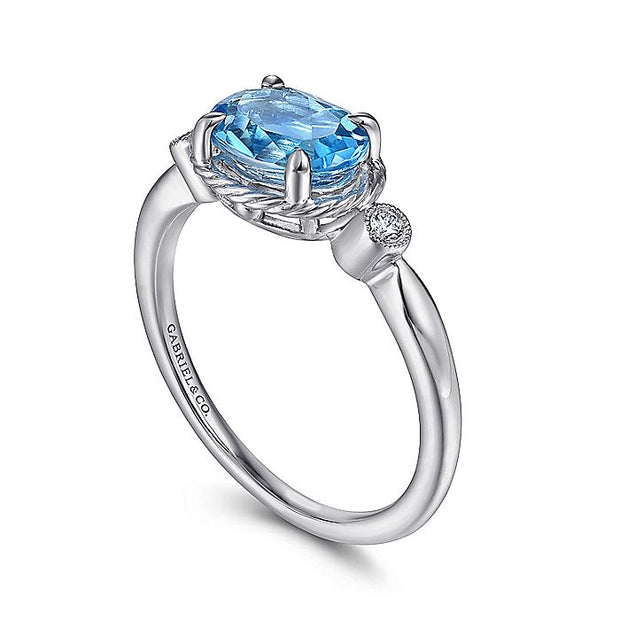 Gabriel & Co. LR51435W45BT 14K White Gold Oval Swiss Blue Topaz & Diamond Three Stone Ring