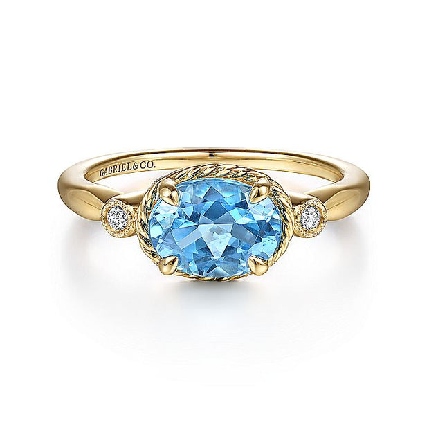Gabriel & Co. LR51435Y45BT 14K Yellow Gold Oval Swiss Blue Topaz and Diamond Three Stone Ring