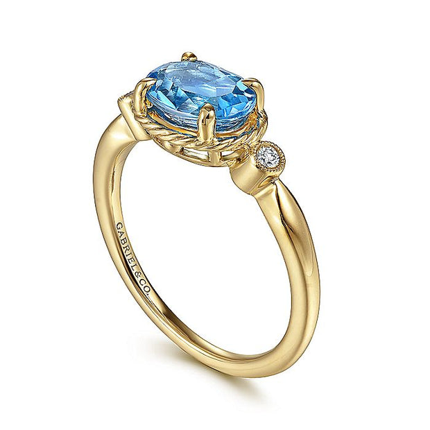 Gabriel & Co. LR51435Y45BT 14K Yellow Gold Oval Swiss Blue Topaz and Diamond Three Stone Ring