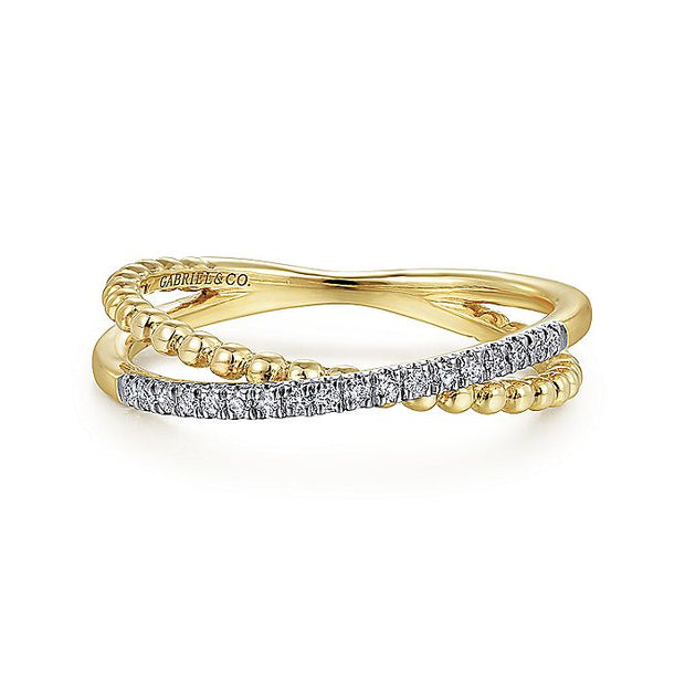 Gabriel & Co. LR51463Y45JJ 14K Yellow Gold Beaded Pavé Diamond Criss Cross Ring