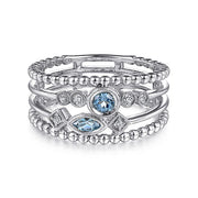 Gabriel & Co. LR51466W45BT 14K White Gold Swiss Blue Topaz and Diamond Multi Row Ring