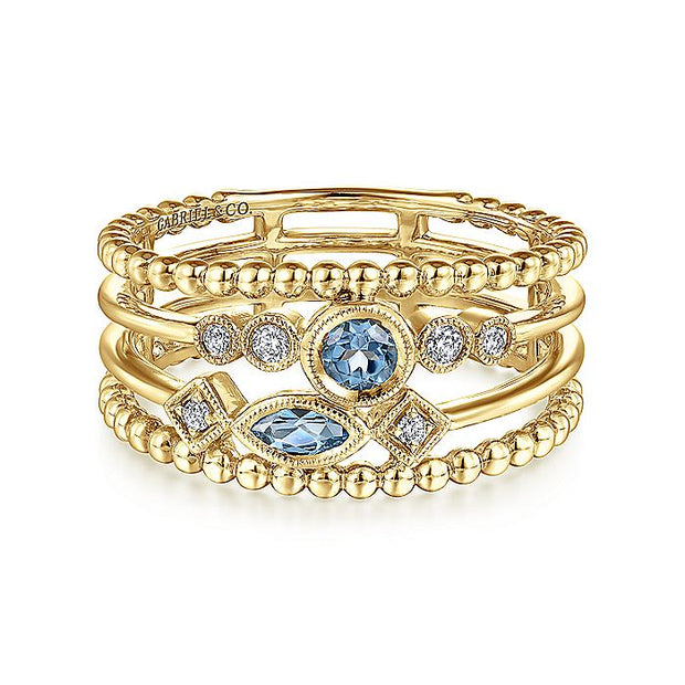 Gabriel & Co. LR51466Y45BT 14K Yellow Gold Swiss Blue Topaz and Diamond Multi Row Ring