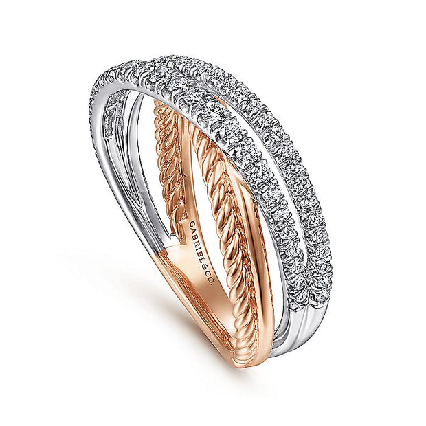 Gabriel & Co. LR51526T45JJ 14K White-Rose Gold Twisted Rope and Diamond Criss Cross Ring