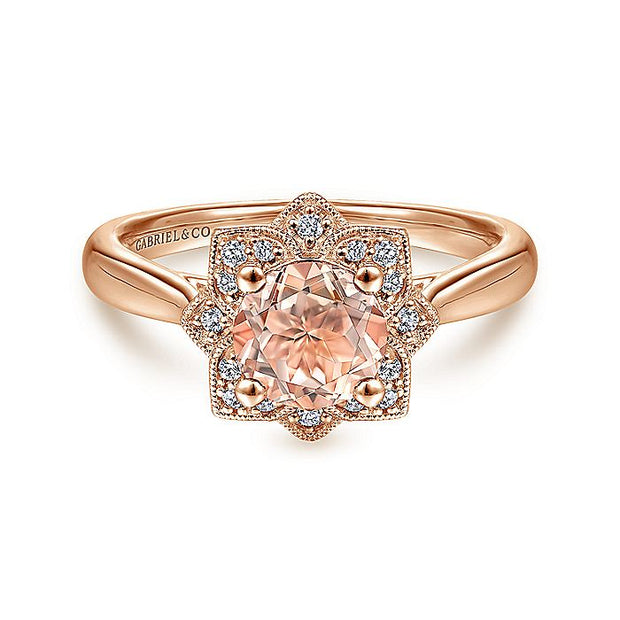 Gabriel & Co. LR51531K45MO 14K Rose Gold Floral Diamond Halo Round Morganite Ring