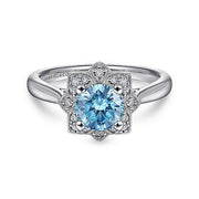 Gabriel & Co. LR51531W45BT Vintage Inspired 14K White Gold Round Blue Topaz and Floral Diamond Halo Ring