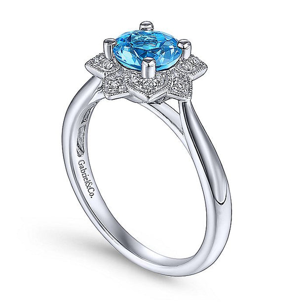 Gabriel & Co. LR51531W45BT Vintage Inspired 14K White Gold Round Blue Topaz and Floral Diamond Halo Ring