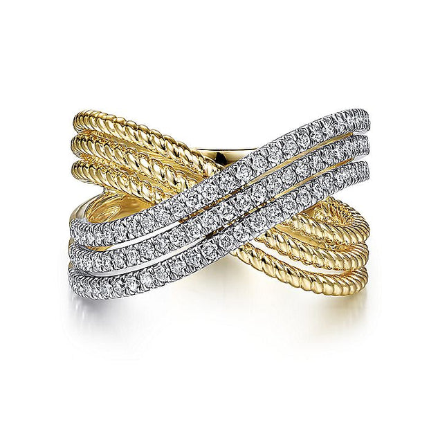 Gabriel & Co. LR51563Y45JJ 14K Yellow Gold Twisted Rope and Diamond Criss Cross Ring