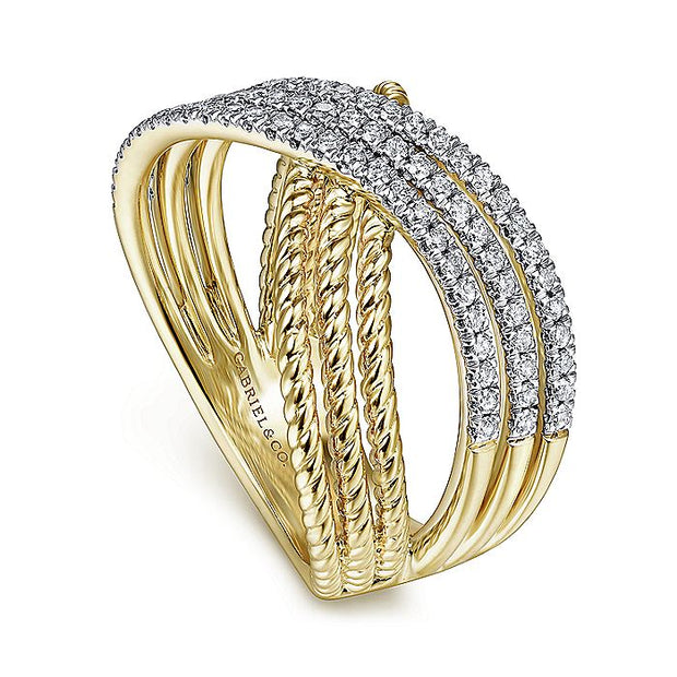 Gabriel & Co. LR51563Y45JJ 14K Yellow Gold Twisted Rope and Diamond Criss Cross Ring
