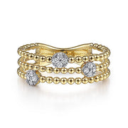 Gabriel & Co. LR51602Y45JJ 14K Yellow Gold Three Row Beaded Ring with Pavé Diamond Cluster Stations