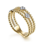 Gabriel & Co. LR51602Y45JJ 14K Yellow Gold Three Row Beaded Ring with Pavé Diamond Cluster Stations