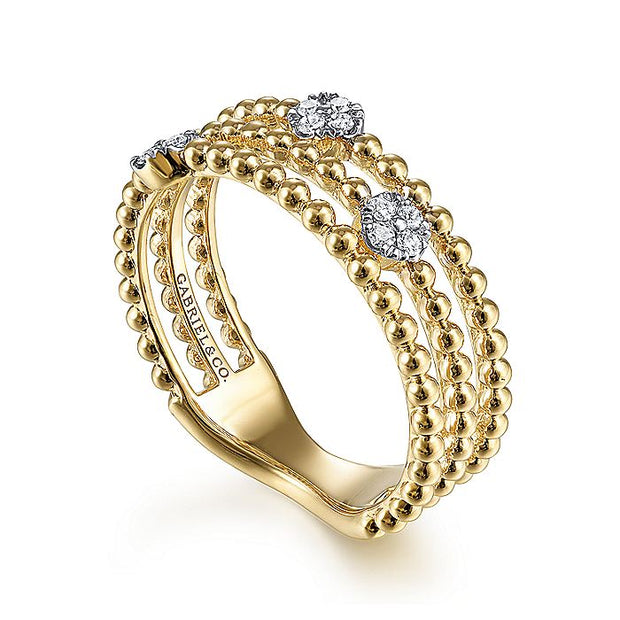 Gabriel & Co. LR51602Y45JJ 14K Yellow Gold Three Row Beaded Ring with Pavé Diamond Cluster Stations
