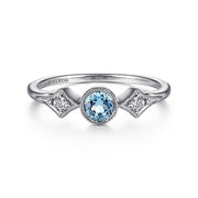 Gabriel & Co. LR51605W45BT 14K White Gold Round Blue Topaz and Diamond Three Stone Ring